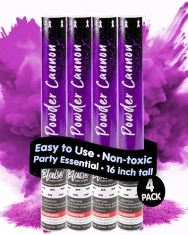 Blaise Pyro & Party - Purple Powder Poppers - Water-Soluble & Colorful Powder Cannons for Gender Reveals, Birthdays, Weddings & Celebrations - Easy to Use for Memorable Photos - 16-Inch, 4-Pack