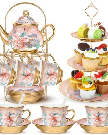 Suttmin 21pcs Porcelain Teapot Parties Set with Metal Holder and Cupcake Stand Ceramic Tea Pot Cups Saucers Cupcake Tier Tower for Women Girls European Parties Weddings Gifts(Pink,Spring)