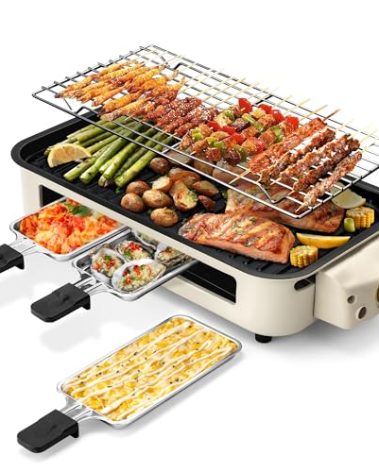 Pukomc Electric Indoor Grill,2 in 1 Indoor Grills for Kitchen with Grill Net & Non-Stick Cooking Removable Plate, Temperature Control, Dishwasher Safe, 1700W Smokeless barbecue