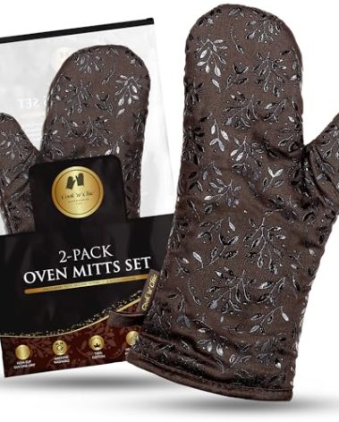 Premium Heat-Resistant Oven Mitts - Stylish and Beautiful - Non-Slip Platinum Silicone Grip - Long and Thick - 100% Natural Cotton Exterior and Soft Terry Cloth Lining - Cook'n'Chic Set of 2 - Brown