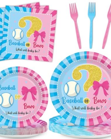 OBUSATT 96Pcs Baseball or Bows Gender Reveal Party Supplies Baseball Gender Reveal Paper Plates Napkins Boy or Girl Baseballs or Bows Decorations Blue or Pink Baseballs Party Tableware Serves 24