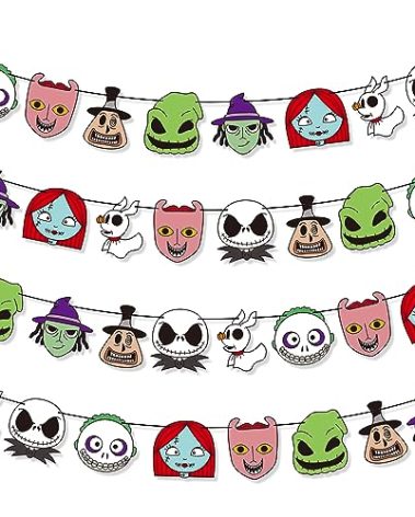 Z1juce Halloween Skull Party Banner - 32PCS Jack and Sally Halloween Character Skull Banner Backdrop Birthday Garland Party Decorations for Kids Party Supplies