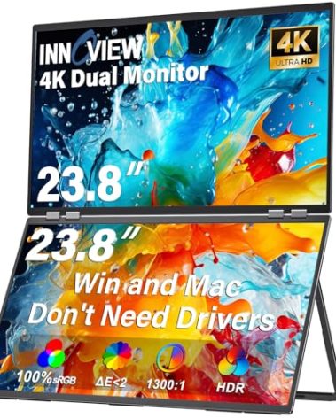 InnoView 23.8" Dual Portable Monitor 100% sRGB 3840x2160P 4K 315°Adjustable Dual Stacked Foldable Monitor Built-in Speakers Screen Extender with HDMI/USB-C/DP for Laptop Windows Mac