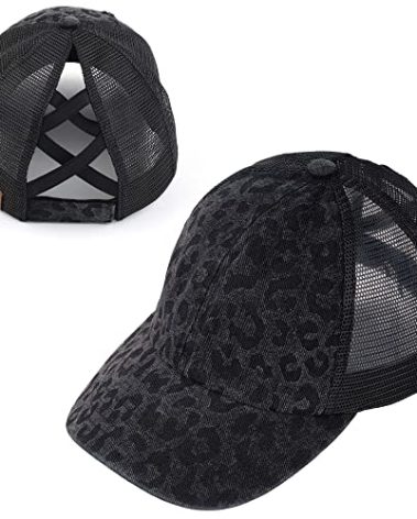 Funky Junque Women's Distressed Ponytail Trucker Hat with Criss Cross Ponytail Hole Messy Bun Ball Cap High Bun - Leopard - Black