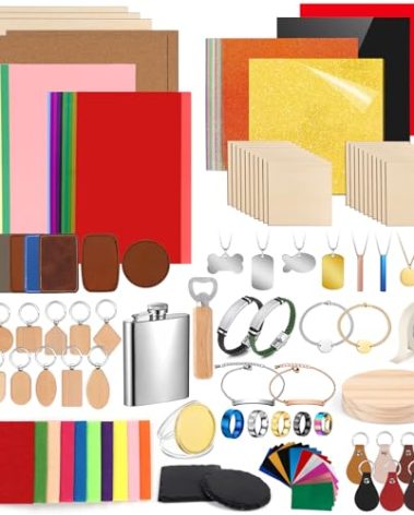 Adrattnay Laser Material Explore Kit, 218PCS Laser Engraving Supplies for Crafting, 29 Kinds Materials Includes Basswood, Acrylic, Leather, Metal Necklace Bracelet Ring for Engraver Machine