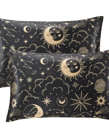 EXQ Home Satin Pillowcase for Hair and Skin Queen - Black Printed Silk Pillow Cases 2 Pack 20x30 inches - Satin Pillow Cases Set of 2 with Envelope Closure, Gifts for Women Men