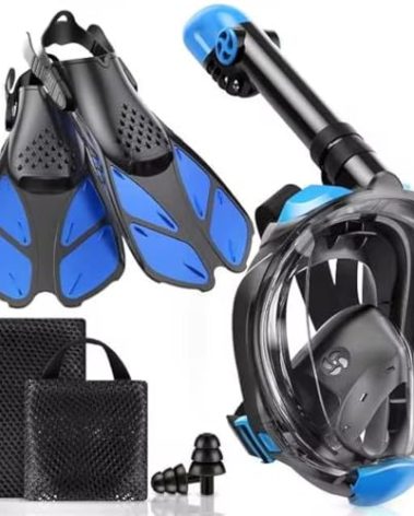 Viginsul Mask Fins Snorkeling Gear for Adults, Full Face Snorkel Mask & Adjustable Swim Fins Snorkel Set, Panoramic View Snorkel Mask Dry Top Anti-Fog Anti-Leak