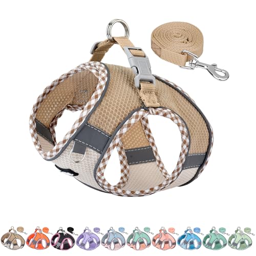 AIITLE Tiny Dog Harness - Lightweight Mesh Step-in Vest for Puppy, Reflective & Escape-Proof Design with High-Stick Magic Tape - Indoor/Outdoor Use for Chihuahua, Maltese, Shih Tzu(Brown-Beige, XXXS)