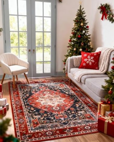 YJ.GWL Area Rug for Living Room, 3x5 Machine Washable Boho Rug for Bedroom, Low Pile Lightweight Thin Rugs Floral Vintage Distress Print Pattern Carpet for Dining Room Kitchen, Red