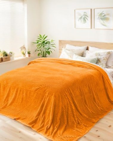 Vessia Flannel Fleece Queen Size Blanket for Bed,Couch,Sofa(90x90inch), 300GSM Microfiber Orange Striped Bed Blanket for Adults, Super Soft Warm Cozy Lightweight Ribbed Decor for All-Season