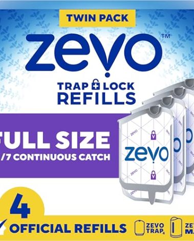 Zevo Flying Insect Trap Official Refill Cartridges - Fits Both Zevo Trap & MAX Indoor Fly Trap - Authentic Trap+Lock Technology to Catch Gnats, House & Fruit Flys (4 Official Refill Cartridges)
