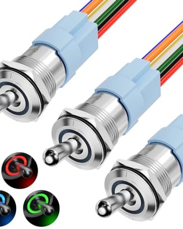 DaierTek Lighted 12V Waterproof Toggle Switch IP67 12 Volt LED RGB(RED Green Blue) 16mm Pre-Wired for Car Boat Marine -3Pack