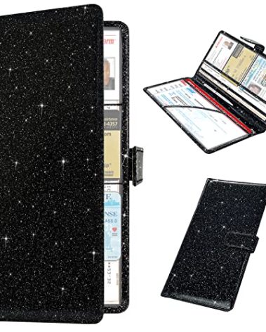 RSAquar Car Registration and Insurance Holder, Vehicle Glove Box Organizer Cool Car Accessories, Auto Truck Document Holder for Cards, Driver License, Black Glitter