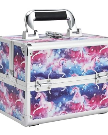 Joligrace Unicorn Makeup Case Oragnizer Portable Travel Makeup Train case 2 Trays Cosmetic Storage with Mirror Locking for Sewing Craft Cosmetologist Artist Supplies Nail Tech Kits Case Pink Blue