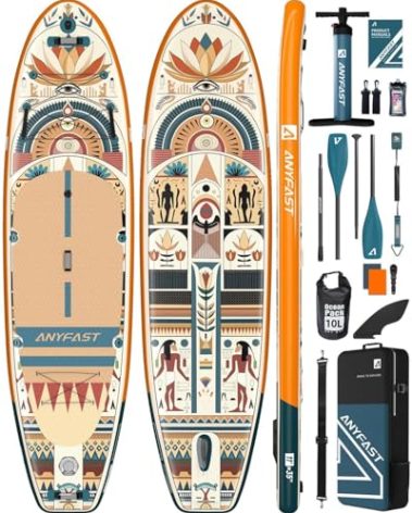 ANYFAST Inflatable Stand Up Paddle Boards - Extra Wide Fishing Paddleboard,Cool Design,Ultra Stable Standup SUP,15 D-Rings,5 Handles, Camera Mount,100L Backpack,10L Dry Bag, Youth/Adults