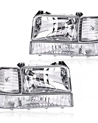 CROSSDESIGN Headlights Compatible With Ford F150 F250 F350 Bronco 1992-1996 Super Duty(Incl.97 9th Old Body Style) Headlamps Replacement w/Corner Signal (Clear lens Chrome Housing Clear Reflector)