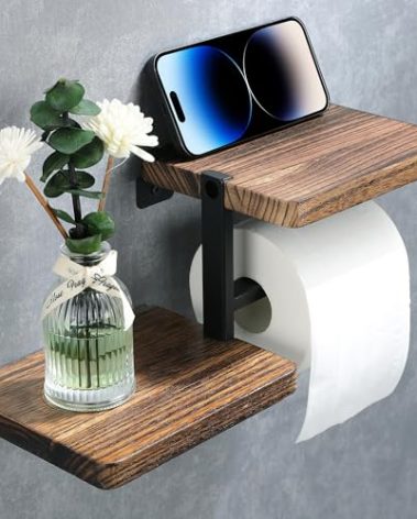 Wall Mounted Wood Toilet Paper Holder - Bathroom Tissue Holder Toilet Roll Holder Wooden Wall Mount Toilet Paper Holder with Shelf