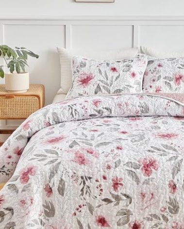Flysheep Botanical Quilt Set King Size 3 Pieces, Blush Pink and Grey Flowers Printed Elegant Floral Summer Bedding Set, Soft Microfiber Lightweight Bedspread/Coverlet for All Season - 104"x90"