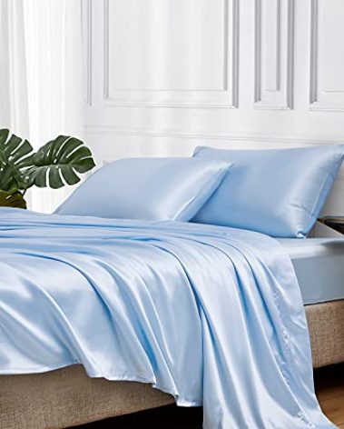 MR&HM Satin Bed Sheets, Twin Size Sheets Set, 3 Pcs Silky Bedding Set with 15 Inches Deep Pocket for Mattress (Twin, Light Blue)