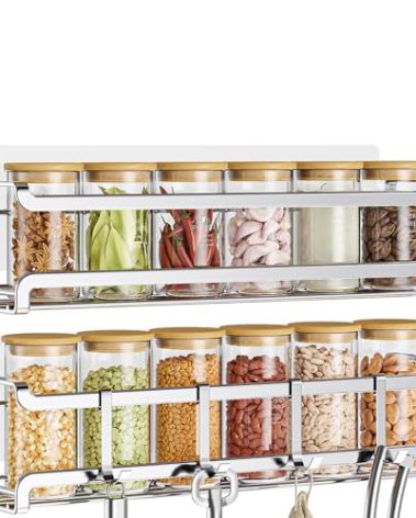 Bunoxea Spice Rack wall mounted 2 Pack, Space-Saving Spice Organizer for Spice Jars and Seasonings,Screw or Adhesive Hanging Spice Rack Organizer for Your Kitchen Cabinet,or Pantry Door,Silver
