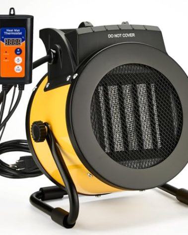 LHUKSGF Greenhouse Heater with Thermostat, Outdoor Heaters for Patio, 3 Modes for PTC Ceramic Fast Heating, Overheat Protection, IPX4 Waterproof for Greenhouse, Grow Tents, Patio, Yellow