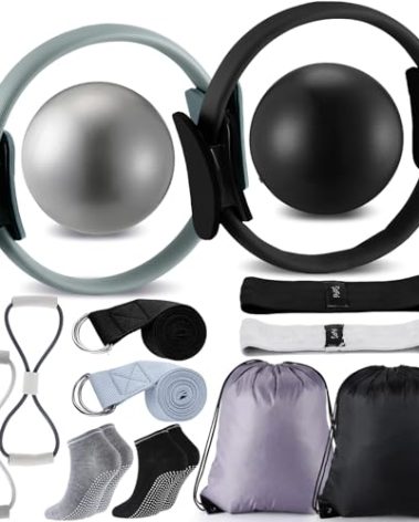 Poen 14 Pcs Home Pilates Kit for Women Pilates Equipment Ring and Ball Set with Stretching Strap 8 Resistance Bands Non Slip Socks Gym Back Bags Exercise Equipment for Workout (Black,Gray)