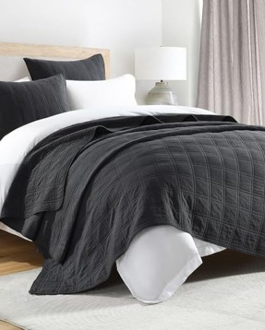 HORIMOTE HOME 100% Cotton Quilt Set Queen Size, Charcoal Pre-Washed Bedspreads Coverlet Set in Geometric Pattern, Cozy Lightweight Stitching Decorative Bedding Cover with 2 Shams for All Season