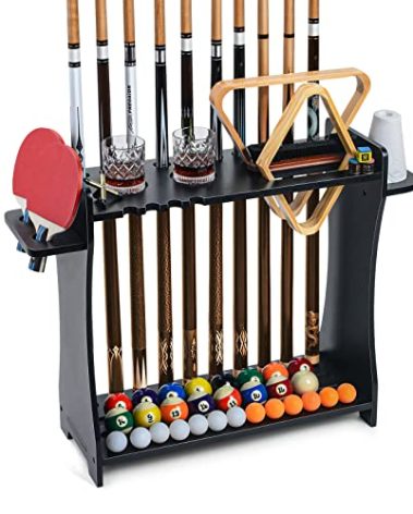 XCSOURCE Pool Stick Holder Floor Stand, 2-IN-1 Pool Cue Rack & Ping Pong Paddle Holder, 100% Solid Wood Holds 9 Cues Full Set of Balls, Billiards and Table Tennis Accessories for Man Cave, Game Room