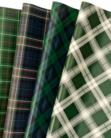 LeZakaa Christmas Green Wrapping Paper, 12 Folded Sheet with 4 Different Tartan Plaid Design for New Year Celebrations Holiday Gift Wrapping, 27.5 x 19.6 inches Per Sheet