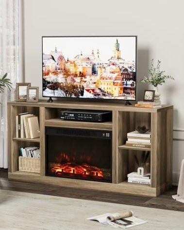 Furniwell Fireplace TV Stand for 65 Inch TV, Media Entertainment Center Console Table with 26" Electric Fireplace, Farmhouse TV Stand with Storage Cabinet for Living Room (Natural)