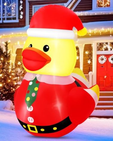 Leyndo 1 Set 5FT Christmas Inflatables Decoration Outdoor Inflatables Duck with Build-in LEDs Lights Giant Blow Up Duck Wear Christmas Hat Santa Claus Costume for Mall Garden Patio Lawn Indoor Party