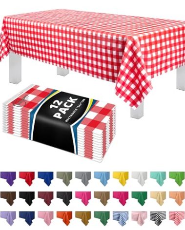 Grandipity 12 Pack Premium Disposable Plastic Picnic Tablecloth 54 Inch. x 108 Inch. Decorative Rectangle Table Cover - Red Checkered Gingham