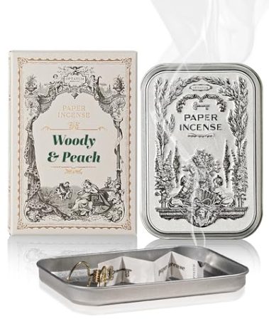 Paper Incense - 48pcs with Vintage Tin Case, Burning Papers Infused with Natural Essential Oils, Quick Usage & Long-Lasting Fragrance, Eliminating Bathroom, Kitchen, Pet Odors - Woody & Peach