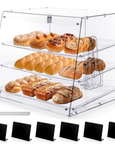 MewVeer 3-Tray Bakery Display Case, Acrylic Clear Display Case Countertop for Bread Pastry Dessert Food Cookie Display, Display Cabinet Box for Baking Enthusiasts - 20.86 x 17.3 x 16.5 inch