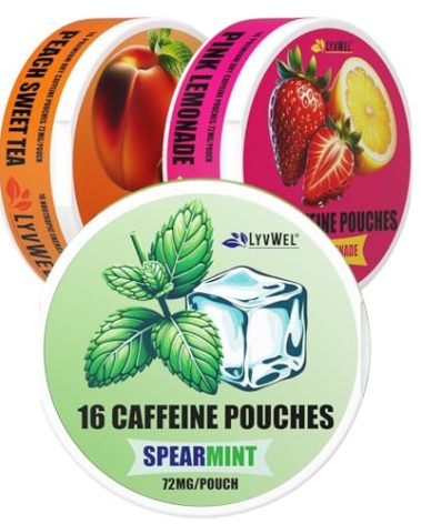 LyvWel 72mg Caffeine Energy Pouches – Spearmint, Peach Sweet Tea, Pink Lemonade – Clean Energy & Focus with Guarana – 3-Pack (48 Total Pouches)