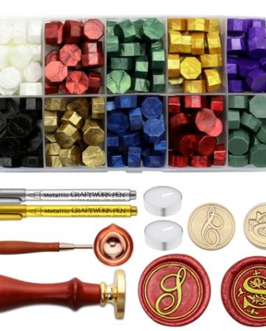 Letter Wax Seal Stamp Kit, Andotopee Wax Seal Kit Initial Alphabet S Sealing Wax Stamp Head 2pcs, Vintage Monogram Wax Stamp Seal Kit with 200pcs Assorted Wax Seal Beads, Wax Seal Spoon, Wax Seal Pen
