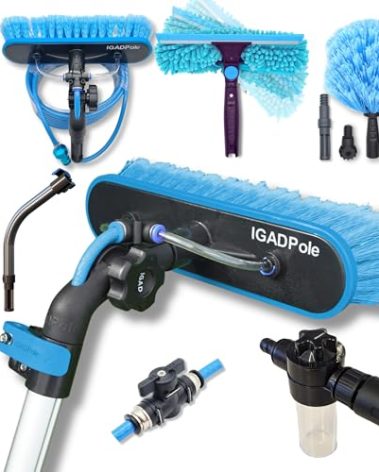 IGADPole 28 FT Water-Fed Washing Kit with Soap-Dispenser, Brush, 10″ Squeegee & Cobweb Duster for Windows, Gutters, Solar Panels & Exterior Walls