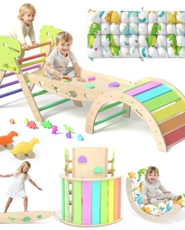KidsBuddy Pikler Triangle Set with Cushion 9 in 1 Climbing Toys for Toddlers 1-3 Indoor Baby Gym Toddler Montessori Toys Wooden Climbing with Maze, Shape Sorting, Dinosaur Car