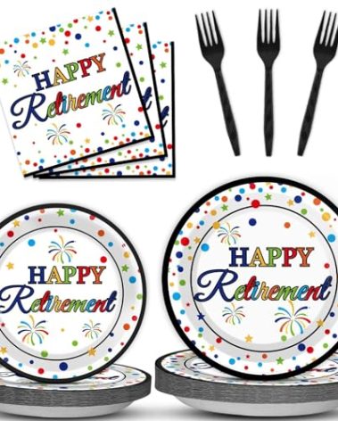 96 Pcs Happy Retirement Party Supplies Colorful Retirement Paper Plates Napkins Table Decorations Retired Themed Dessert Tableware Set Dinnerware Favor Men Woman Indoor Outdoor Decor for 24 Guests