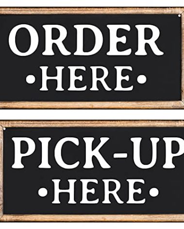 Order Here & Pick Up Here Sign Set – 2-Pack UV Resistant Aluminum Signs for Indoor Outdoor Use – Rustic Wood Look, Easy Hanging with Jute Rope, 6x12 Inch, Made in USA