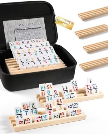 Mexican Train Dominoes Set with Numbers and 8 Wooden Trays/Racks, Double 15 Dominos Travel Set with 8 Tiles Holders, 136 Tiles Double 15 Colored Dominoes Game Set with Zippered Case for Family Kids