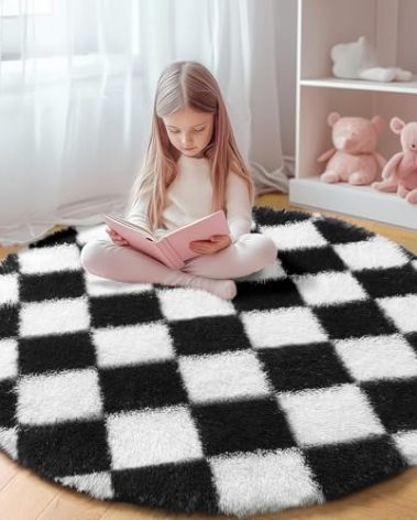 KICMOR Round Rugs 5ft for Bedroom Living Room, Black and White Fluffy Soft Circle Area Rug Fuzzy Shag Shaggy Plush Carpet, Indoor Checkered Circular Rug for Kids Room Nursery Home Decor Aesthetic