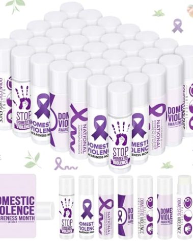 Sacubee 50 Pcs Lip Balm Bulk Ribbon Vanilla Sunscreen Lip Balm Gift for Women Men Mental Health Awareness Public Event Supplies, 5 Scents(Domestic Violence Awareness, Elegant Color)