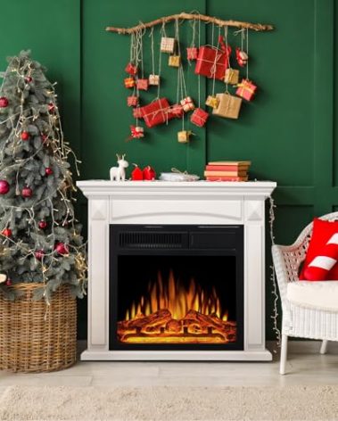 27” Electric Fireplace Mantel Freestanding Electric Fireplace, Remote Control, Adjustable Led Flame, 750W/1500w White