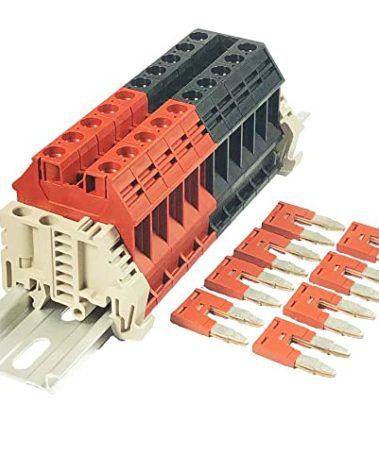 Dinkle Assembly Kit DK6N Red/Black 10 Gang with Jumpers DIN Rail Terminal Blocks, 8-20 AWG, 50 Amp, 600 Volt UL Recognized