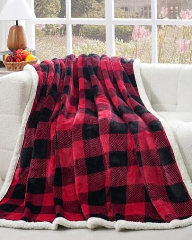 PU MEI Sherpa Fleece Throw Blanket 80" x 90" Reversible Plush Fluffy Large Big Blanket Lattice Flannel Blankets for All Season Use, Red and Black