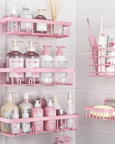 Liuoud 5 Pack Shower Caddy Organizer Rack Shelf for Inside Shower, Adhesive Bathroom Wall Storage Basket Rustproof Stainless Steel Shampoo Holder, Girly Bathroom Accessory Decor Set, Pink