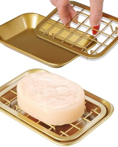 Kitchen and Bathroom Soap Dish Tray - Metal 2-Piece Soap Dish Tray with Drainage Grid and Holder for Kitchen Sink Countertops to Store Soap, Sponges, Scrubbers - Rust Resistant (2 Pack, Gold)
