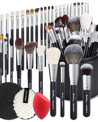 Bueart Design Pro makeup Artist 34Pcs Deluxe Real Goat Hair Horse hair Makeup Brushes Set with extra Large Holder High End Professional labeled makeup brush set with natural Pony Hair