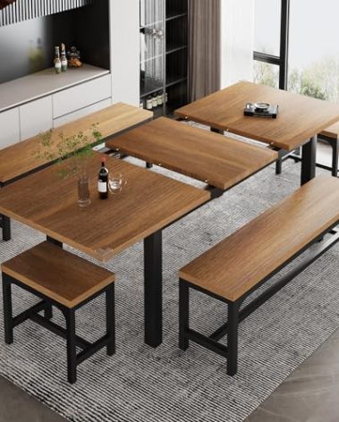 iPormis 5-Piece Dining Table Set for 4-8 People, Extendable Kitchen Table Set with 2 Benches and 2 Square Stools, Mid-Century Dining Room Table with Metal Frame & MDF Board, Saving Space, Walnut